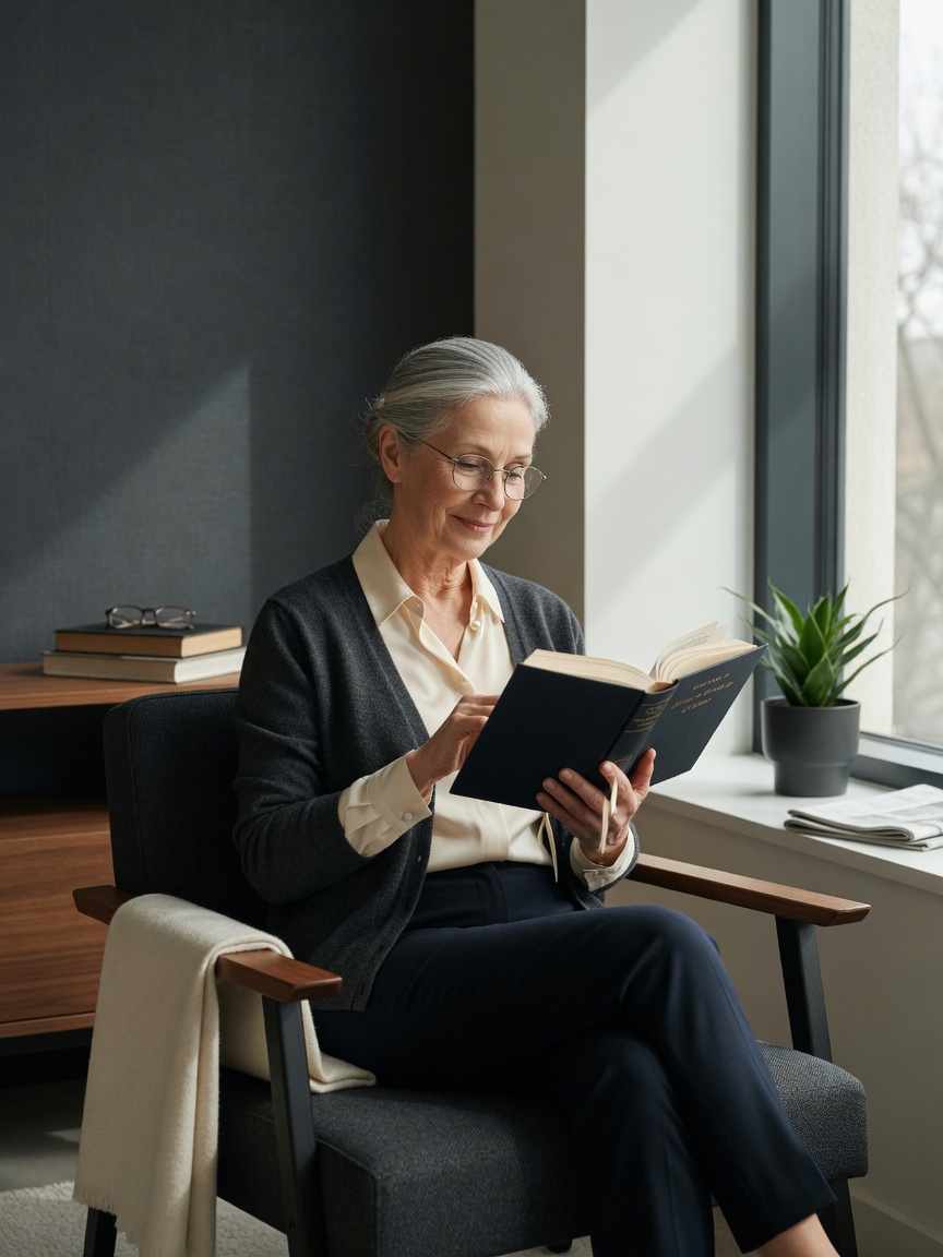 Older adult absorbed in finishing a book chapter