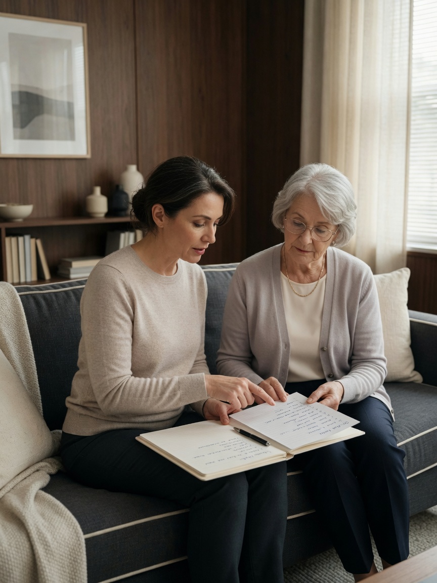 Adult child reviewing notes with a parent