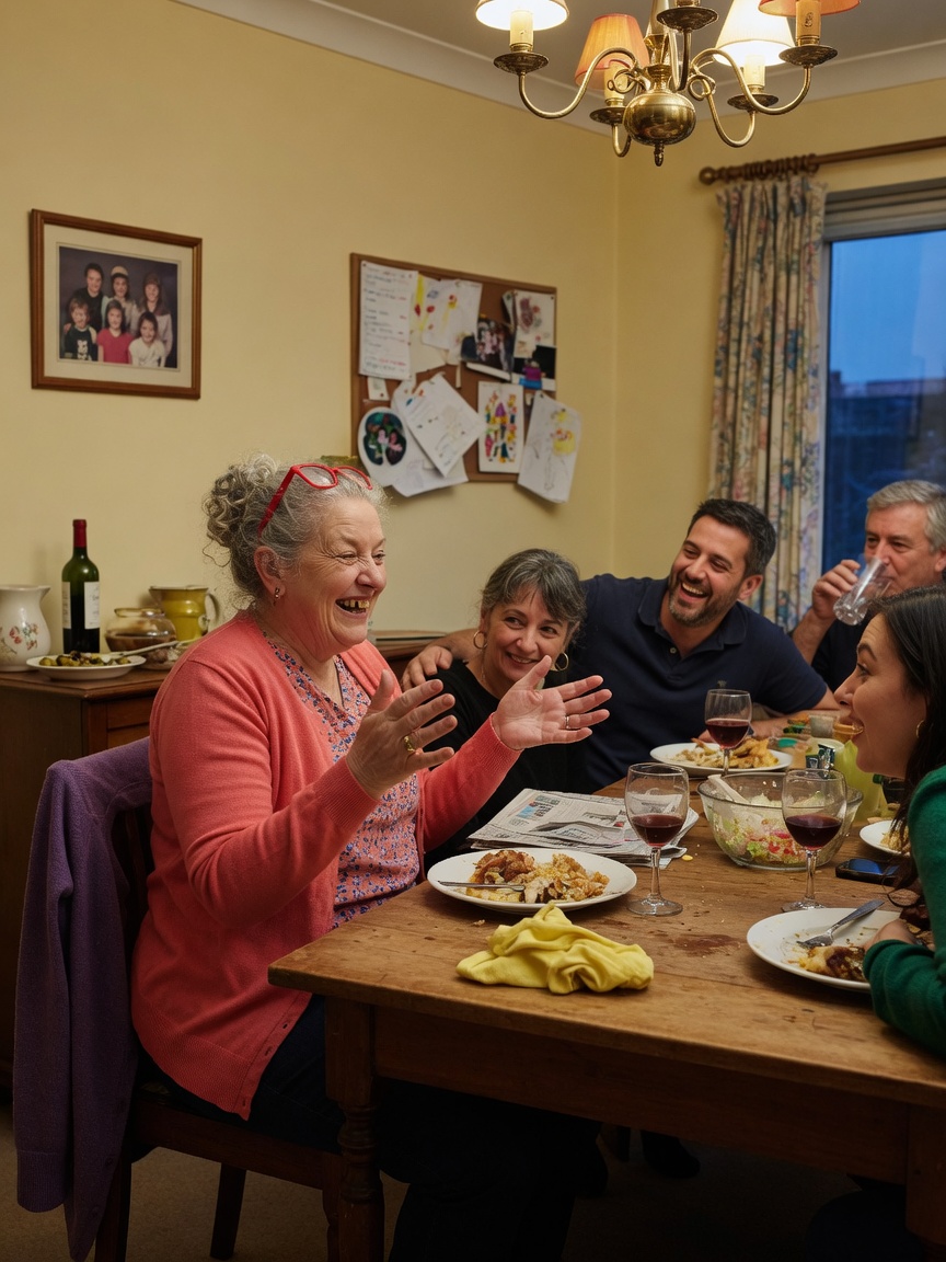 Older adult mid-story at a family dinner table