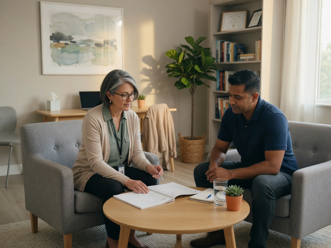 Realistic CBT session: clinician and client reviewing a worksheet together in a bright therapy office