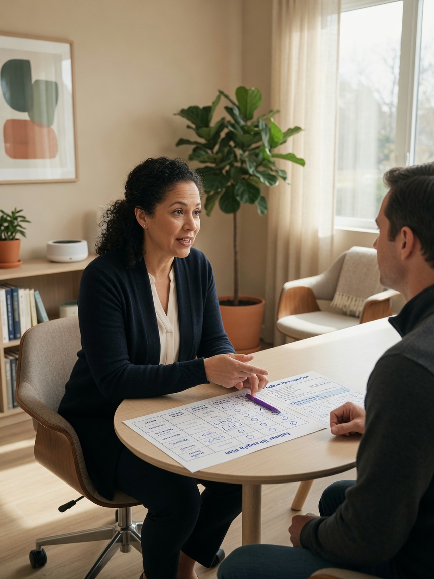 CBT clinician working with a client on a session plan - solid tools in the room, you stay primary