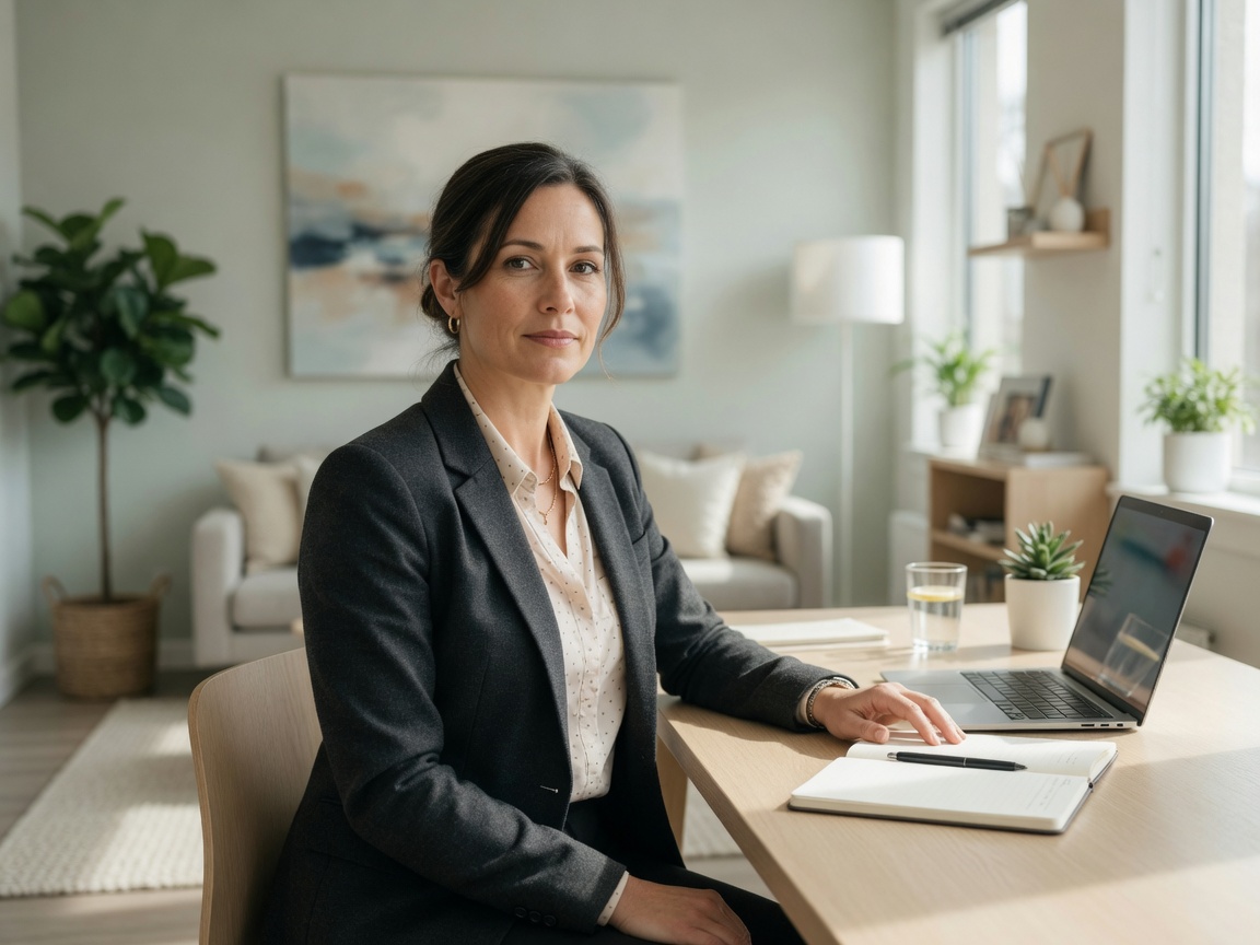 Confident professional at a bright desk - stronger attention, more of the work lands