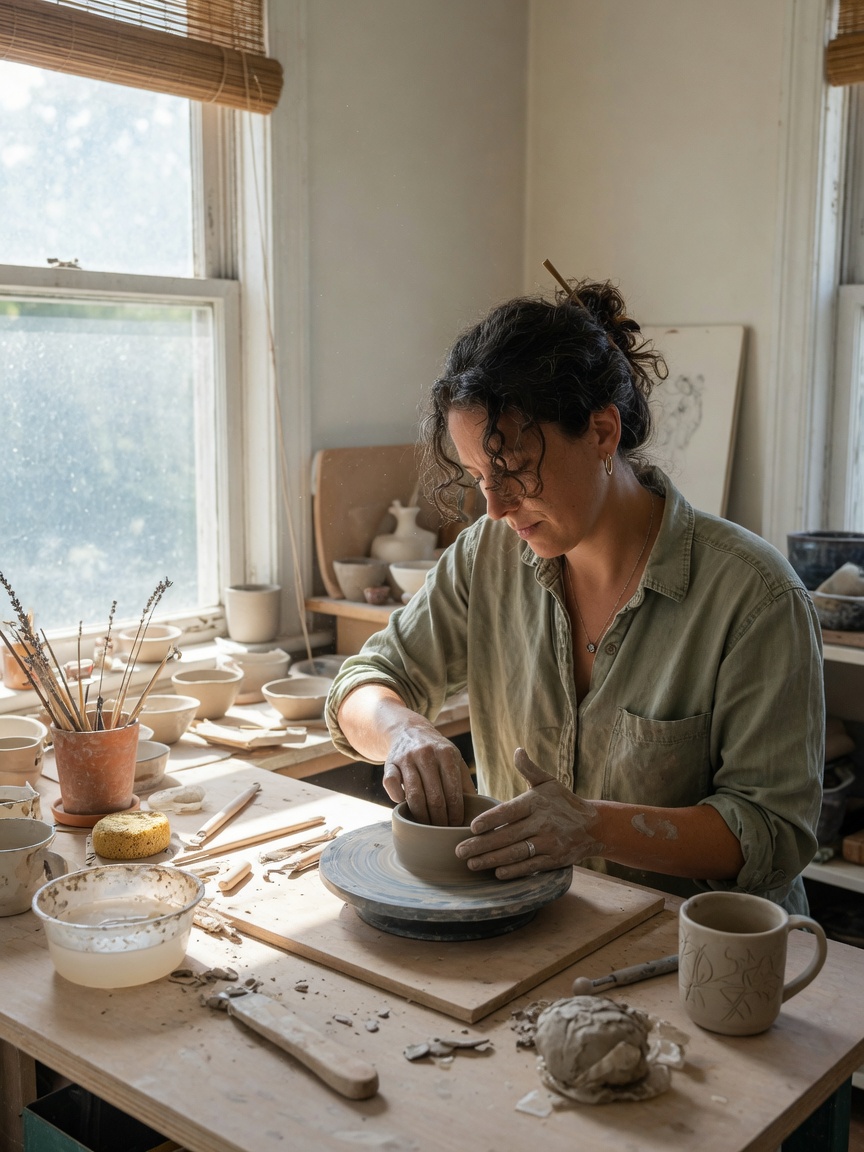 Woman absorbed in pottery at a home studio