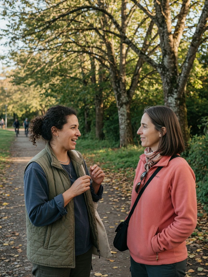 Two women mid-conversation on an outdoor path