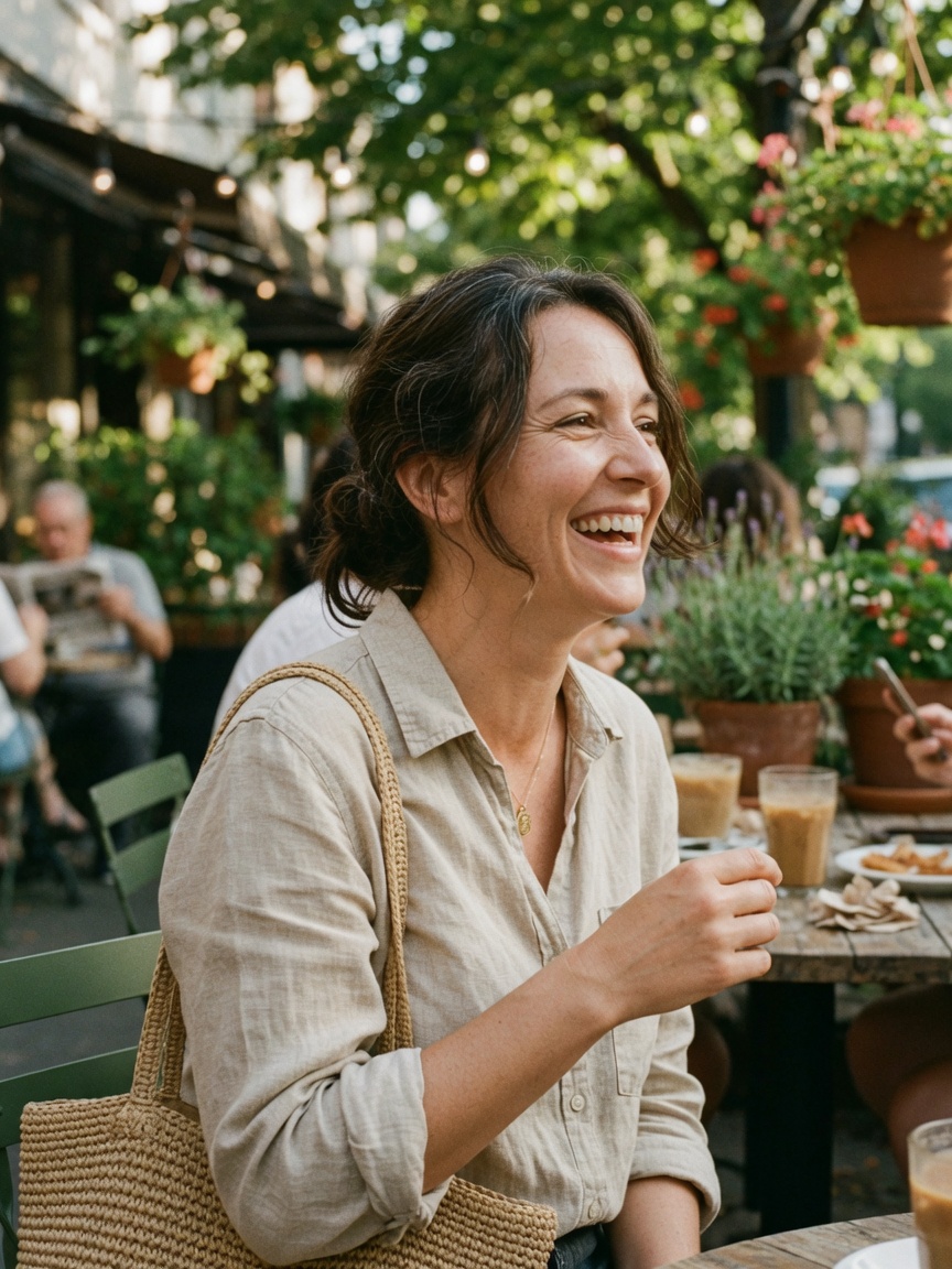 Woman mid-laugh, looking off-camera in natural light