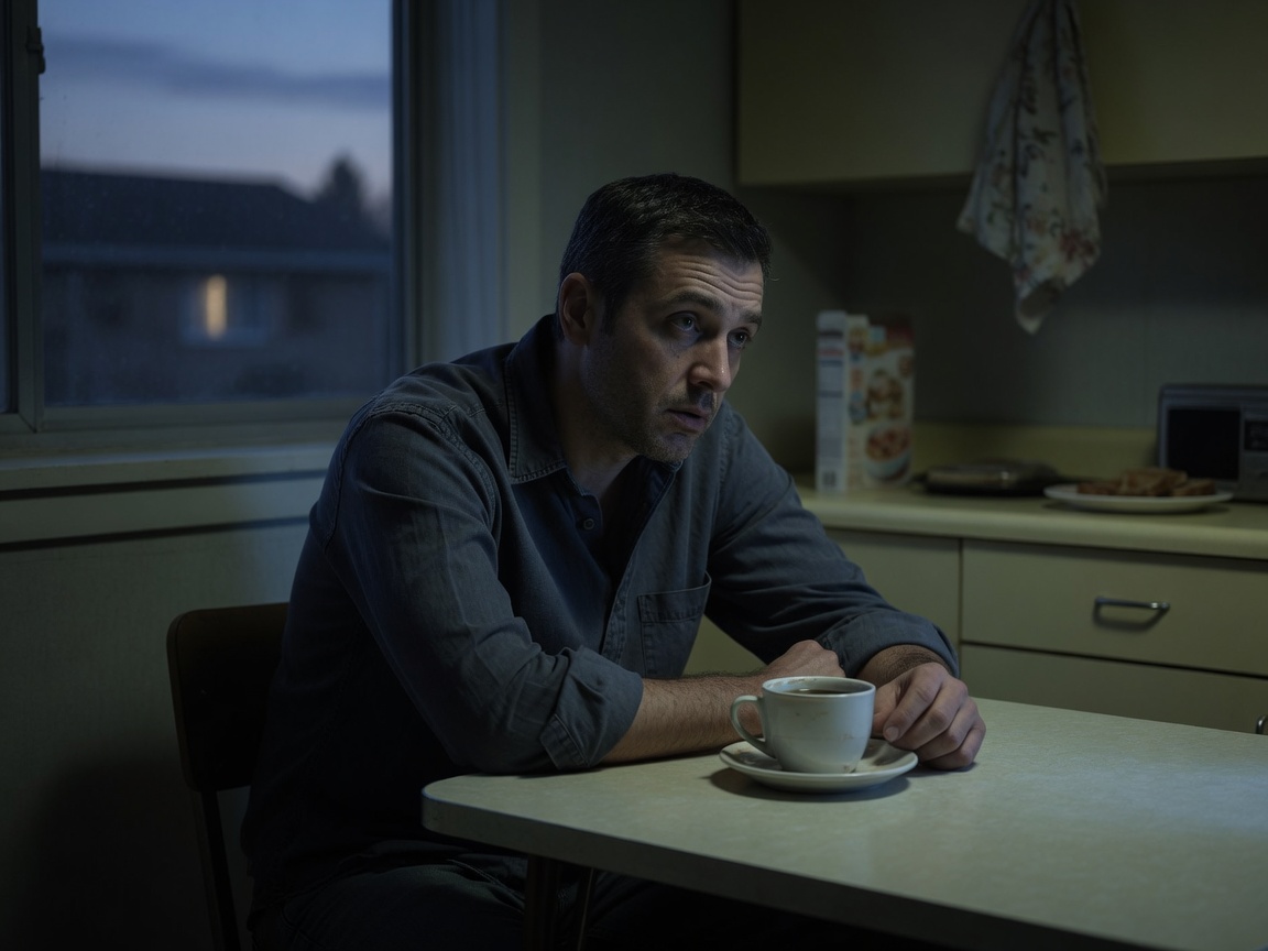 Person alone at a kitchen table at dusk, worn down after a day of constant scanning