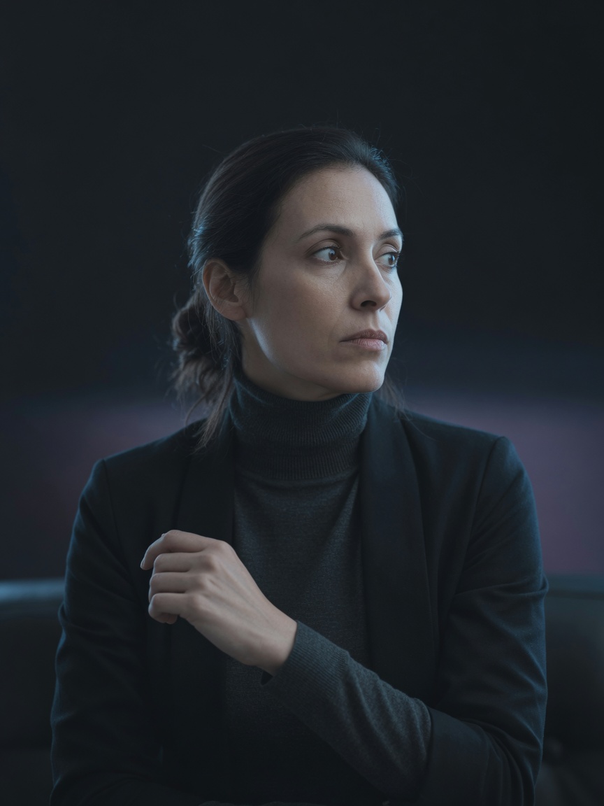 Person in quiet half-light, already braced before the mind has decided how to respond