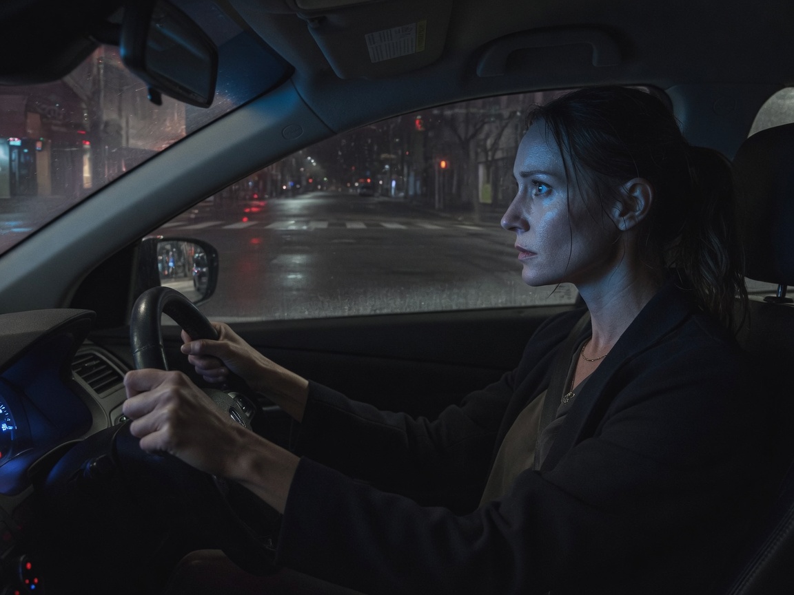 Person tense at the wheel at night — body stuck on