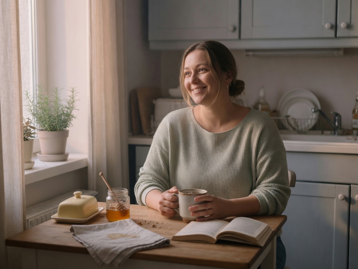 Person at a kitchen table in morning light, calm and content — body able to rest