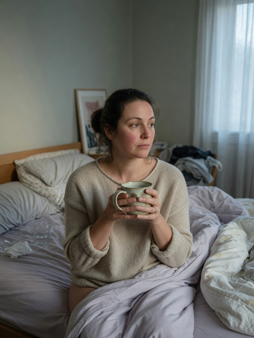 Woman in the early postpartum weeks, sitting quietly with a mug
