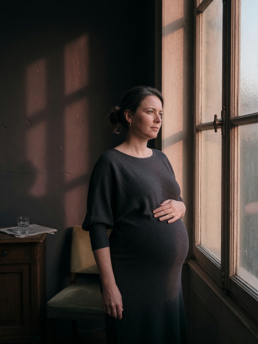 Pregnant woman standing at a window in late-afternoon light