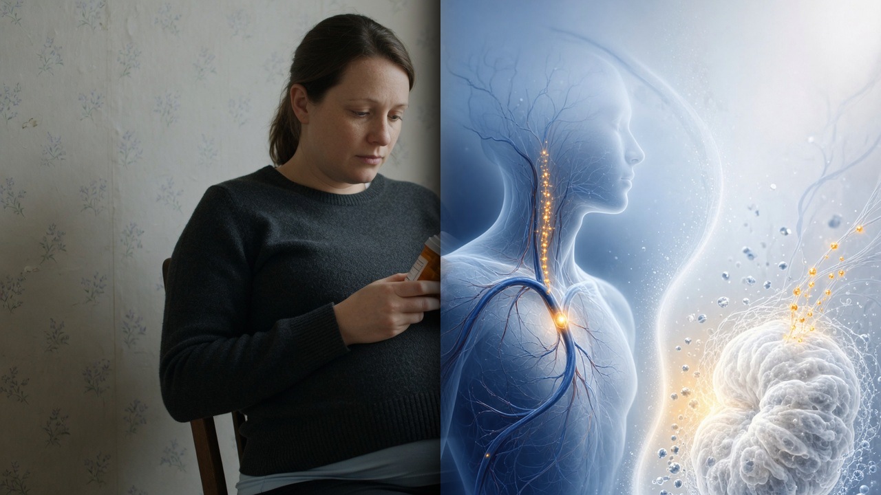 Pregnant woman considering a prescription bottle, with a faded view of the fetal compartment in the window light