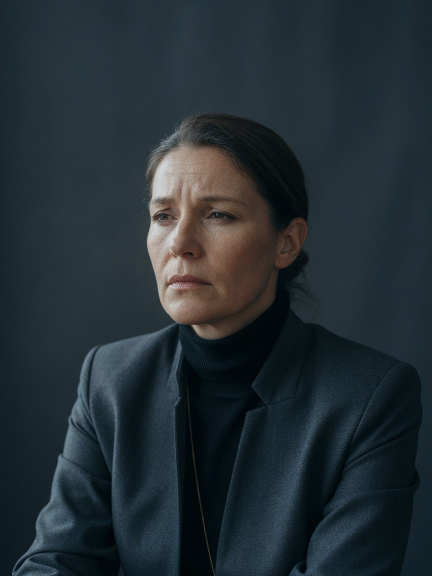 Portrait of a therapist in quiet half-light — holding focus after a hard session
